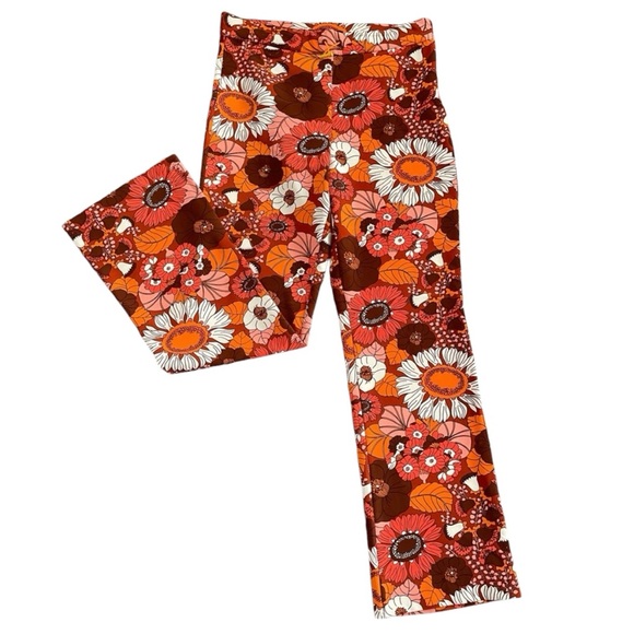 Zara BLOGGERS FAVORITE! 70’s Retro Orange Floral Print High Waist Pant Leggings - Picture 2 of 13